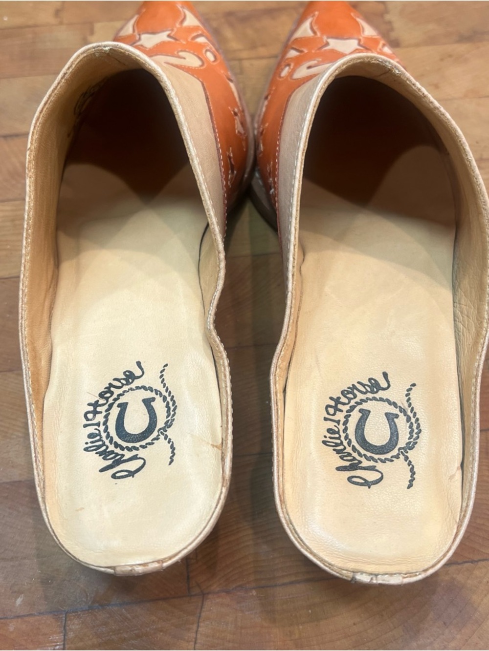 Charlie Horse Beige and Orange Star Appliqué Leather Mules - Picture 5 of 6